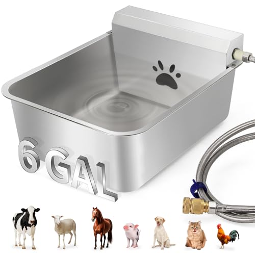 6 Gallons Automatic Animal Water Dispenser X-Large Stainless Steel | Outdoor Waterer Bowl, For Dogs & Chicken, Auto Fill Livestock Water Trough, With 2m Hose, 13.6"x17"x9"