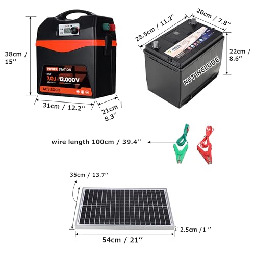 Solar Electric Fence Charger - 5 Joule Fence Energizer 25W Solar Panel Fence Energizer 12V Battery 80Miles Range Electric Fence Energizer Ideal for Livestock, Poultry, Large Animals - size: ADS5000