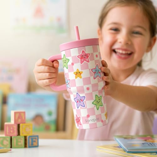 SANDJEST Checker and Star Stainless Steel Tumbler 20oz with Handle and Silicone Straw Locking Lid for Kids Girls, Birthday Christmas Back to School - color: Checker 1