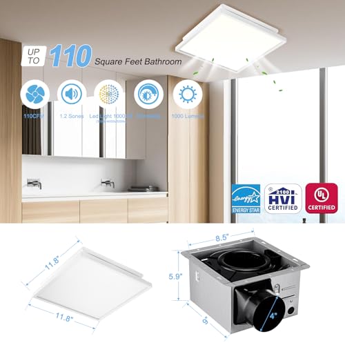 Tech Drive Bathroom Fan with Light And Night light,110CFM,4 Inch Duct | Super Quiet,1000lm Dimmable 5CCT LED Light,HVI and Energy Star Ventilation Fan ,White - size: 110CFM with 5CCT Light (White)