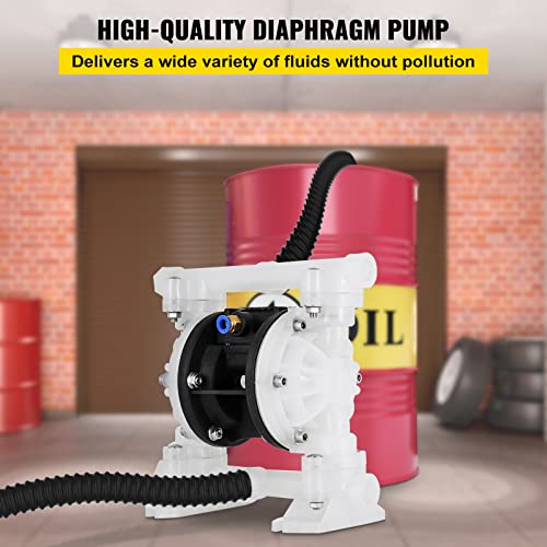 VEVOR Air-Operated Double Diaphragm Pump, 1/2 in Inlet & Outlet, Polypropylene Body, 8.8 GPM & Max 120PSI, PTFE Diaphragm Pneumatic Transfer Pump for Petroleum, Diesel, Oil & Low Viscosity Fluids - size: 8.8 GPM