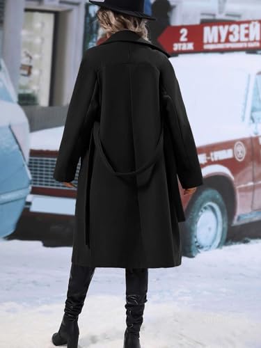 utcoco Womens Long Wool Pea Coat Notched Lapel Double Breasted Trench Coat Winter Warm Overcoat with Belt - color: Black, size: X-Small