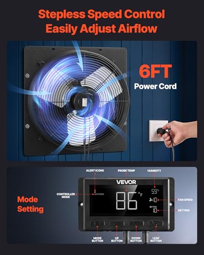 VEVOR 16 inch Exhaust Fan, Wall Mounted Attic Fan with Variable Speed, Temperature & Humidity Controller, 3000 CFM, Automatic Shutter - size: 16 Inch