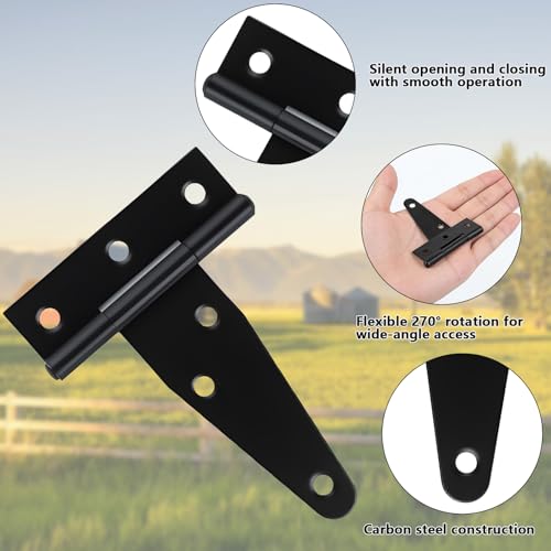 RUGLAMZHIP 10 Pcs 3 Inch Strap Hinges Black Heavy Duty | T Strap & Barn Door Hinges for Gates, Shed Doors, Outdoor Fences. Durable Hardware for Wooden Fences, Tee Hinge Design.