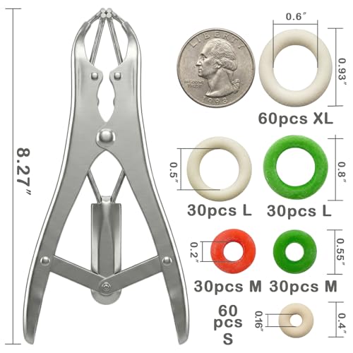 Goat Banding Kit, Livestock Castration Bander with Stainless Steel Expander Pliers, 240Pcs 4 Sizes Castrator Rings and Ring Installation Tool for Goats, Lambs, Calves, Sheep, Piglets - style: Pliers，60-S, 60-M, 60-L, 60-XL