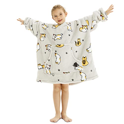 THREE POODLE Wearable Blanket Hoodie for Kids, Oversized Sherpa Sweatshirt Blanket with Giant Hood, Warm Cozy Cat Hooded Blanket, Cute Gifts for Kids Girls Boys - color: Cat, size: Kids