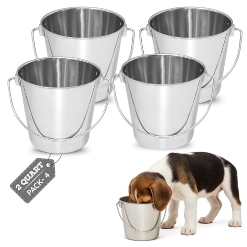 2Qt Stainless Steel Hanging Water Bucket for Dog Kennel 4-Pack | Food & Water Pail, Half Gallon Capacity, Heavy-Duty, Round Design with Carry Handle, Ideal for Dogs, Cats, Birds & Small Pets - size: 2 Quart (Pack of 4)