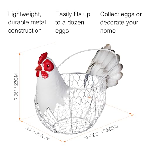 Farmhouse Metal Chicken Wire Egg Basket,Eggs Holder Bowl Kitchen Countertop | Vintage Rooster Decorative Chicken Shaped Fruit Basket for Living Room Home Farm Decor - color: Rustic White