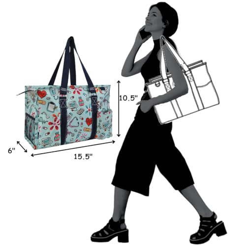 NGIL Utility Water Resistant Tote Bag | Work Tote for Women, Nurse Bag, Teacher's Choice Purse, Gym Bag, Everyday Organizer Top Zipper Closure - color: Groovy Nurse- Navy