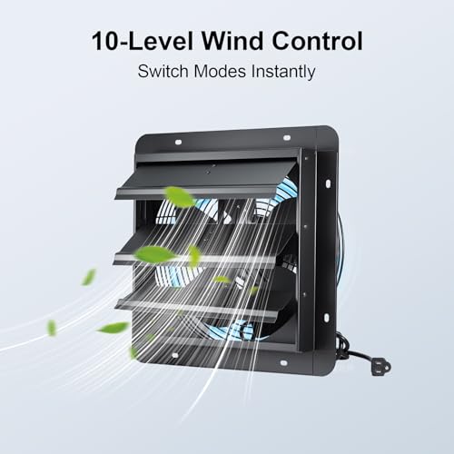GROWNEER 12 Inch Shutter Exhaust Fan with Temperature Humidity Controller, 1200 CFM Remote Control Vent Fan, 10-Speed Adjustable Wall Mount Attic Fan for Greenhouses Garages Sheds - style: 12 Inch with Temperature Humidity Controller