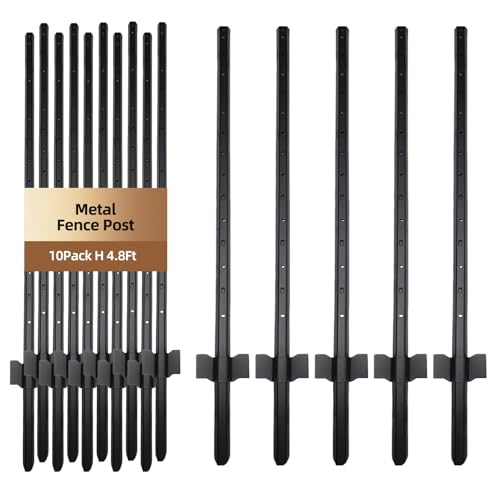 Metal Fence Post 4.8FT, 10 Pack Heavy Duty T Posts for Garden | Heavy Duty Steel / Black Coating / Rust Resistant / Garden Wire Fence Support / Trellis / No-Dig U Post - size: 4.8FT 10PCS