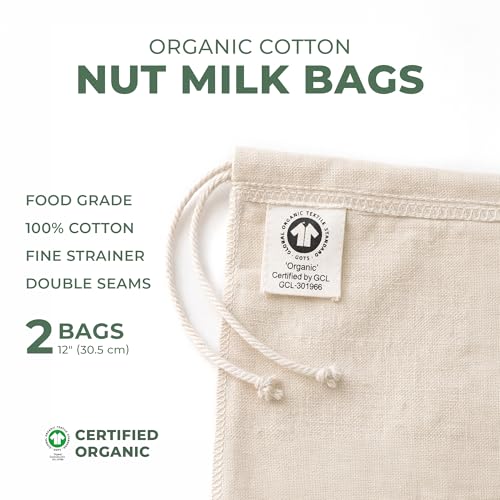 Quality Nut Milk Bags for Straining Almond Milk - 2 Pack Unbleached Organic Cotton - 12" x 12" Reusable Juice Oat Milk Cold Brew Filter Bag