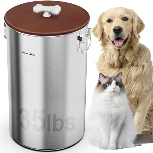 Paw Libero 35 Lbs Stainless Steel Dog Food Storage Container with Airtight Lid & Ceramic Bone Handle, Large Metal Dog Food Bin for Dogs & Cats, Keep Fresh, Easy to Clean - size: 35 lbs