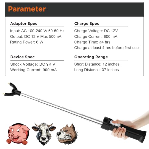 Cattle Prod Rechargeable with Led Light, Waterproof Cattle Prod Stick, Retractable Cattle Prod, Lightweight Pig Cattle Prod Livestock, Cow Prod, Electric Cattle Prod, 37 Inch, Black - color: Black