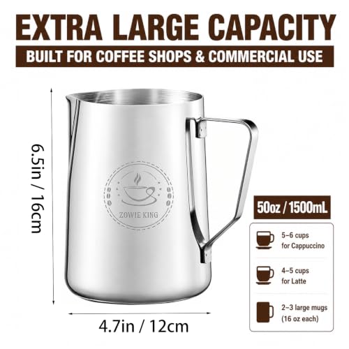 50oz Milk Frothing Pitcher, Stainless Steel Espresso Steamer Frother Cup | 1500ml extra large pitcher for cafes and commercial use, featuring clear measurements and precision spout for milk steaming - color: Silver 50 Oz