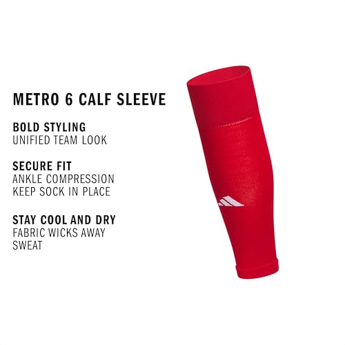 adidas Unisex Metro Soccer Socks or Calf Sleeves (1 Pair) Over-the-Calf | Unisex, 1-Pack, Cushioned Impact Zones, Moisture-Wicking, Calf Compression, Versatile Layering, Game & Practice Ready - color: Team Power Red/White/Calf Sleeve, size: Medium, style: