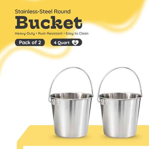 4Qt Heavy Duty Stainless Steel Water Bucket for Kennel, 2-Pack | Food & Water Pail, 1 Gallon Capacity, Heavy-Duty, Round Design with Carry Handle, Ideal for Dogs, Cats, Goat & Farm Animals - size: 4 Quart (Pack of 2)