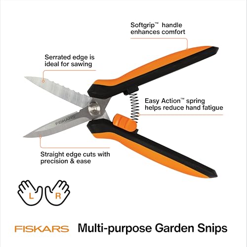Fiskars 8" SoftGrip Pruning Shears, Multipurpose Garden Snips with Sheath | Heavy-Duty Scissors with Outer Serrated Edge, SoftGrip Handle, Great for Cutting Nursery Pots, Soil Bags & Wire - style: Snips