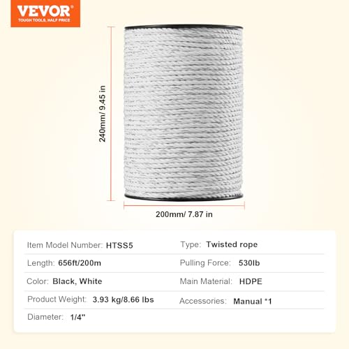 VEVOR Electric Fence Wire, 656Ft 200M Portable Polywire, 1/4" Diameter 6 Stainless Steel Strands for Reliable Conductivity and UV, Rust Resistance, Fencing Rope Line for Horse, Cattle, Livestock - size: 656Ft 200M, style: 1/4" Strands