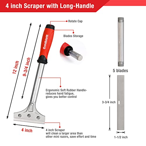 Goldblatt 2 Pieces Glass Scraper Set with 20pcs Blades, Razor Scraper Tools | Razor Blade Scraper, 12" Long for Reach, Soft Grip, Remove Adhesive, Sticker, Paint & Decal, for Window, Tile & Floor