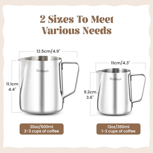 Dailyart Milk Frothing Pitcher Set 12oz/350ml+20oz/600ml Milk Frother Cup | 304 Stainless Steel, Dripless Spout&Internal Scale - Barista Milk Steamer Cup Latte Art Tools for Home, Coffee Shops - size: 12 Ounces + 20.3 Ounces