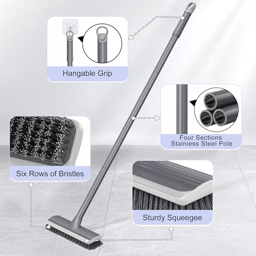 2 in 1 Floor Scrub Brush: Deck Brush with Squeegee | Long Adjustable Handle - 55'' Stiff Bristle Scrape Brush for Deck Patio Garage Shower Bathroom