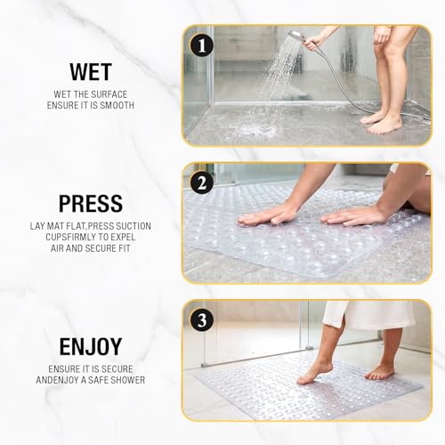 HITSLAM Square Shower Mat 27x27 Inch, Extra Large Non Slip Shower Mats for Inside Shower Stall, Anti Slip Bath Floor Mat with Strong Suction Cups & Drain Holes, Machine Washable, Clear - color: Clear