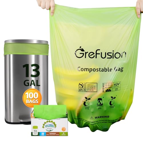 Compostable Bags,Trash bags 13+ gallon tall kitchen, Compostable Trash Lawn & Leaf Yard Waste Bags,Kitchen Compost Trash Bin Compatible,Extra Thick1.01 Mills,Certified by BPI and OK Compost - color: 13G-100count