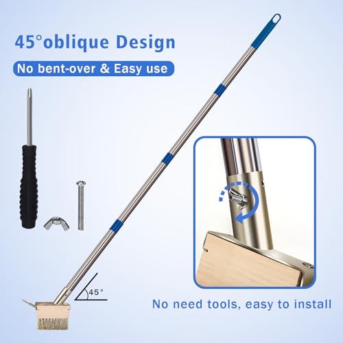 Moss Remover Brush Tool with 65in Handle for Concrete Pavers Crevice | 2 Pcs Wire Grout Brush Head, Detachable Long Handle, Crack Weeder Puller for Outdoor Deck Patios Walkways Roof Moss Removal