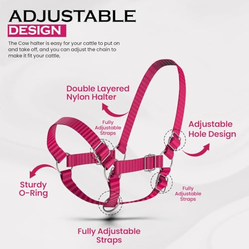Adjustable Nylon Cow Halter | Calf Halter one Halter for (1 Year to Full Size) Easy Adjustable Straps elimates the Need of Ill-Fitting Cattle Halter - color: PINK