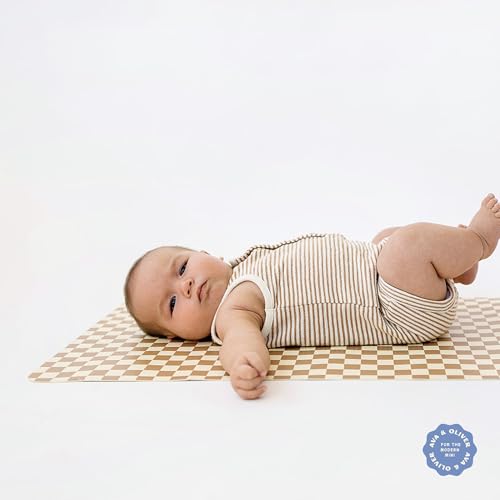 Vegan Leather Baby Changing Mat 16x30in, Wipeable, Foldable, Mocha Checker | Wipeable vegan leather changing mat folds compact for travel, portable multipurpose 16x30in - color: Mocha Checker
