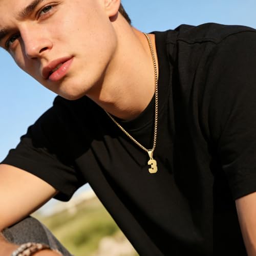 Number Necklaces Personalized Necklaces 18K Gold Plated Initial Number Pendant Stainless Steel Chain Sports Necklaces for Men Women - color: Gold, style: 9