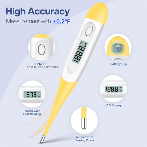 Boncare Digital Thermometer for Adults, Kids & Babies, Yellow | Accurate & Safe Oral and Rectal Thermometer with 10-Second Reading and Fever Alarm - color: Yellow