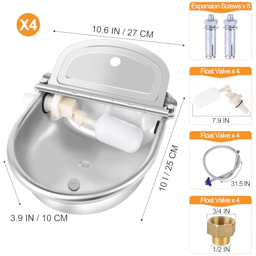 4PCS Automatic Animal Drinking Water Bowl Stainless Steel Waterer Feeder Farm Dog Dispenser Kit Self Filling for Livestock Horse Goat Water Trough with Float Valve Drain Hole Hose Adapter Bolts - size: 4 PCS