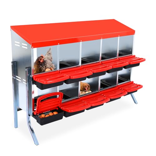 Garvee Chicken Nesting Boxes, 10 Hole Metal Chicken Laying Box with Removable Trays and Roll Out Egg Collection for Chicken Coop, with Metal Legs, Red - color: red, size: 10 Holes with Legs