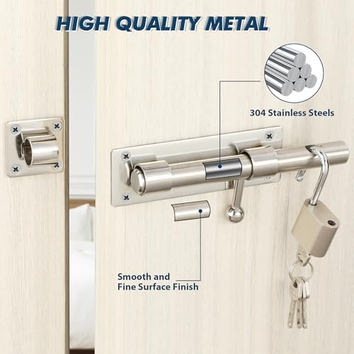 Alise 6 inch Barrel Bolt Latch,Heavy Duty Slide Lock for Barn Door | Chrome SUS304 Stainless Steel Padlock-Style Slide Bolt Latch,Security Gate Latch for Wooden Fence,Interior or Outdoor Door - color: Chrome, size: 6 Inch