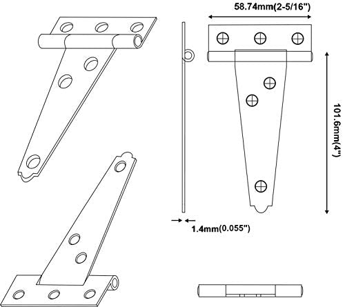 Stainless Steel Light Tee Hinge, with Stainless Steel Screw, 4" x 2-5/16" x 1.4 mm, Vibrated Stainless Steel, 4 Pack, Made in Taiwan - color: Vibrated Stainless Steel, size: 4pack(4")