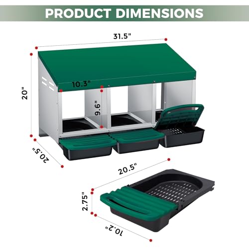 PrecisionAuto Chicken Nesting Box, 3 Compartment Automatic Roll Away Egg Collection, Ventilated Galvanized Steel, Wall Mount or Freestanding Hen Coop Accessory, Green - color: Green