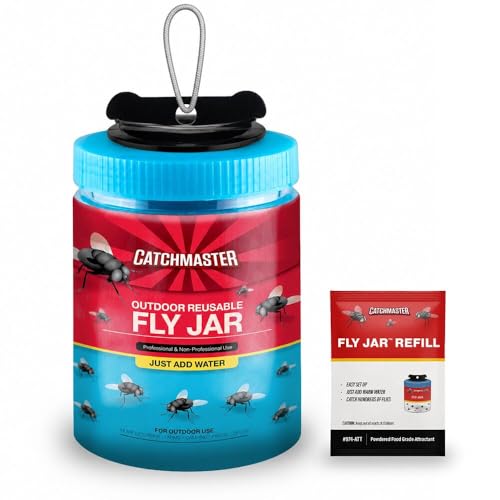 Catchmaster Reusable Outdoor Fly Trap, 6 Hanging Blue Jars with Bait | Catches All Species of Fly, Fly Traps Outdoor w/ Food-based lure, Odor Attracts Flies Away From People, Refill & Reuse
