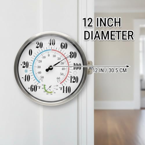 [QTengCX] 12 Inch Large Waterproof Outdoor Thermometer, Metal Wall Indoor Outdoor Analog Thermometer with Hygrometer Gauge for Patio, House, Garage, Garden - No Battery Needed