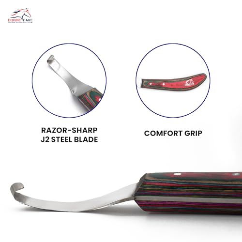 Right-Handed Farrier Hoof Knife, Horses Goats Sheep, Red Handle | Farrier hoof knife for horses, goats, sheep and cattle; J2 stainless steel curved blade; red layered handle. - style: Right-Handed