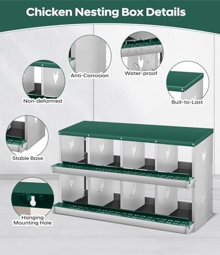 8 Compartment Chicken Nesting Box, Heavy Duty Metal Laying Box with Perch, Easy Assembly & Easy Clean for Outdoor Chicken Coop, Green - color: Green, size: 8 Compartment