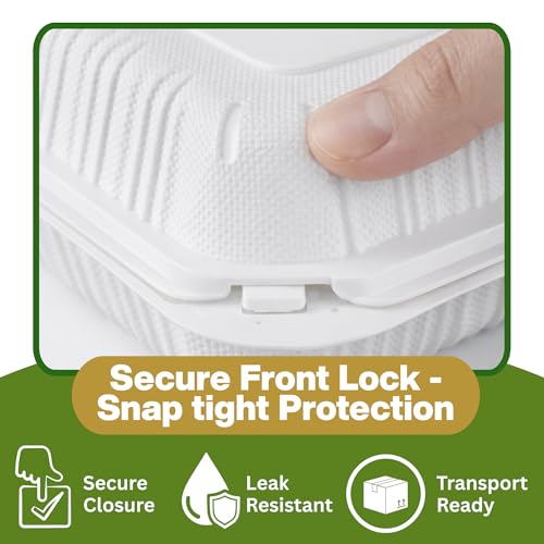 Front Lock MFPP Hinged Food Containers, Disposable Takeout Boxes | 150 Pack, 3 Compartments White, 9" x 9", Durable Microwaveable Food Service - color: White
