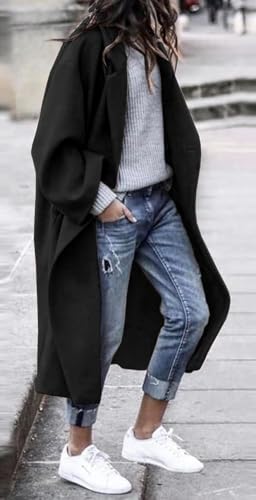 Women's Notch Lapel Single Breasted Pea Coat | Premium Wool Blend, Oversized Long Casual Overcoat with Pockets, Fall and Winter - color: Black, size: Large