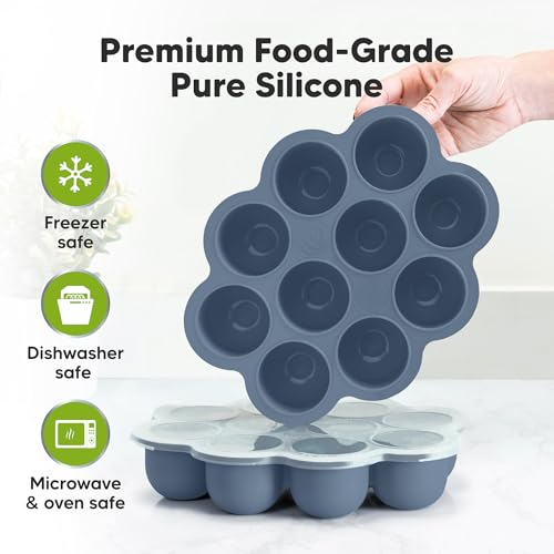KeaBabies Silicone Food Freezer Trays with Lid, 2oz x 10 Pods (Slate) | Baby Food Storage Containers, Easy Puree Meal Prep, Breast Milk Silicone Freezer Molds, Dishwasher, Microwave Safe, BPA-Free - color: Slate