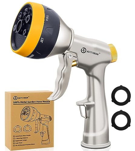 AUTOMAN Garden Nozzle Sprayer, High Pressure Spray Nozzle, 100% Metal Water Hose Nozzle, 7 Patterns Watering Nozzle, Heavy Duty Sprayer Garden Nozzle for Watering Plants & Lawns, Washing Cars & Pets - color: Metal