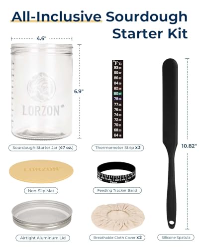 Lorzon 47 oz Large Glass Wide Mouth Sourdough Starter Jar Kit | Mess-free feeding, Flexible storage, Growth and temperature tracking, Effortless stirring, Sourdough bread baking supplies