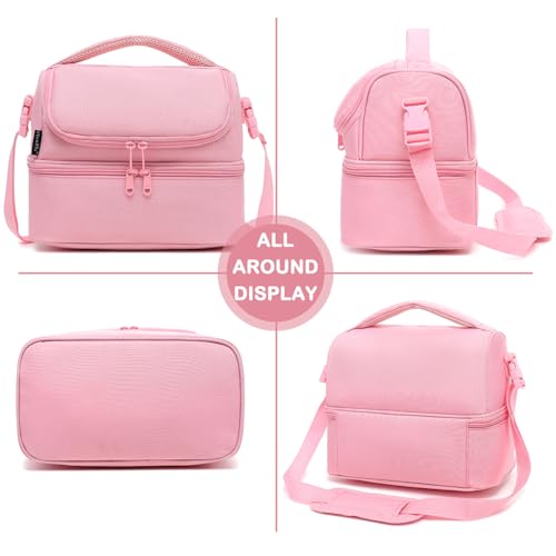 FlowFly Double Decker Cooler Insulated Lunch Bag Large Tote for Boys, Girls, Men, Women, With Adjustable Strap,Pink - color: Pink#All