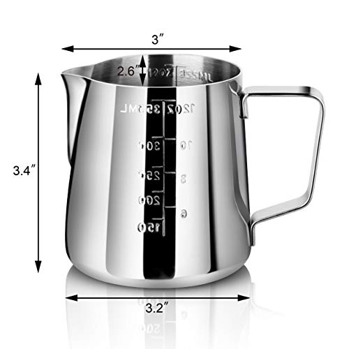 New Star Foodservice 28805 Stainless Steel Frothing Pitcher, 12 oz Espresso Milk Steaming Cup with Measurement Scale, Commercial Grade 18/8 Barista Pitcher for Lattes, Cappuccinos, Coffee, Silver - size: 12 Ounces