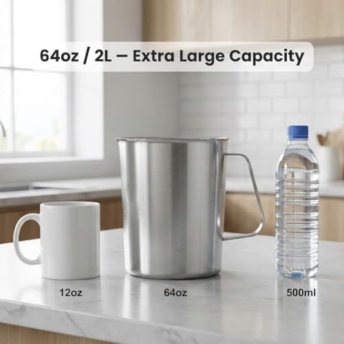 QWORK 304 Stainless Steel Measuring Cup 64 OZ with OZ/ML Graduations, 8 Cup Kitchen Mixing Pitcher, Precision Engraved Markings, Container for Baking and Frothing, 2 Liter